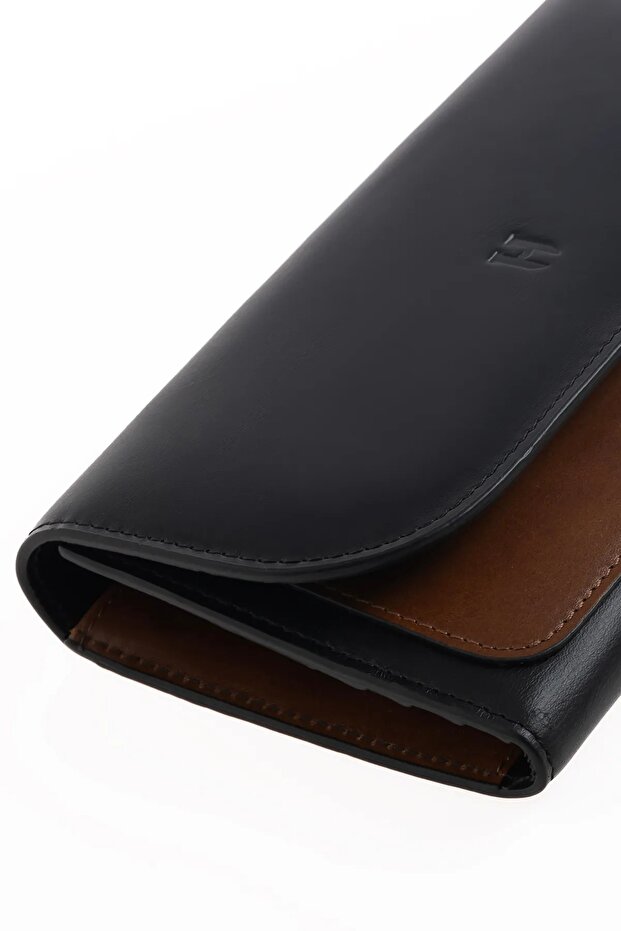 Women's Genuine Leather Large Wallet with Snap Closure Rfid Protected Charlotte Black Tan