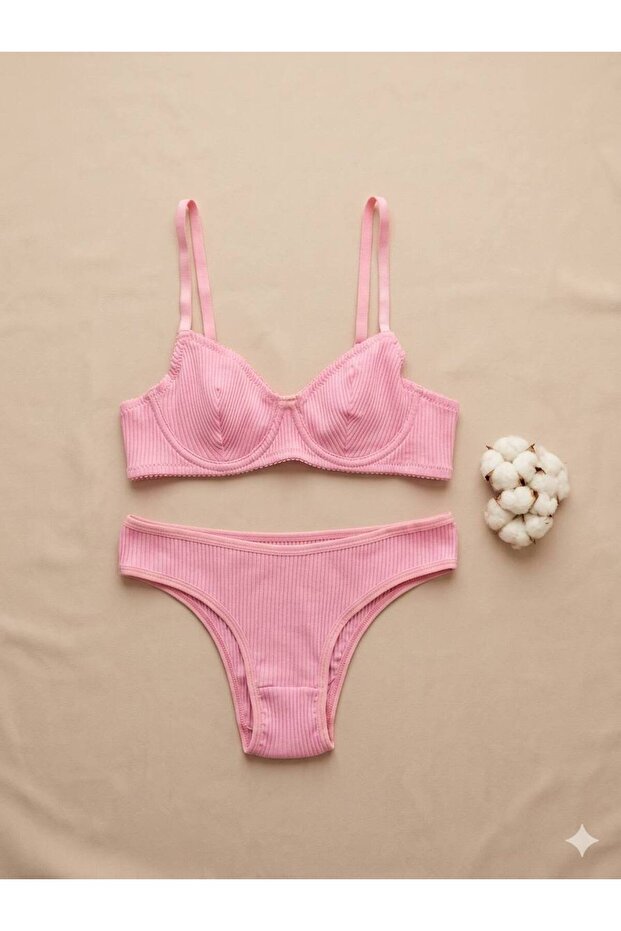 Underwire Cotton Rib Fabric Bra Panty Set Unpadded