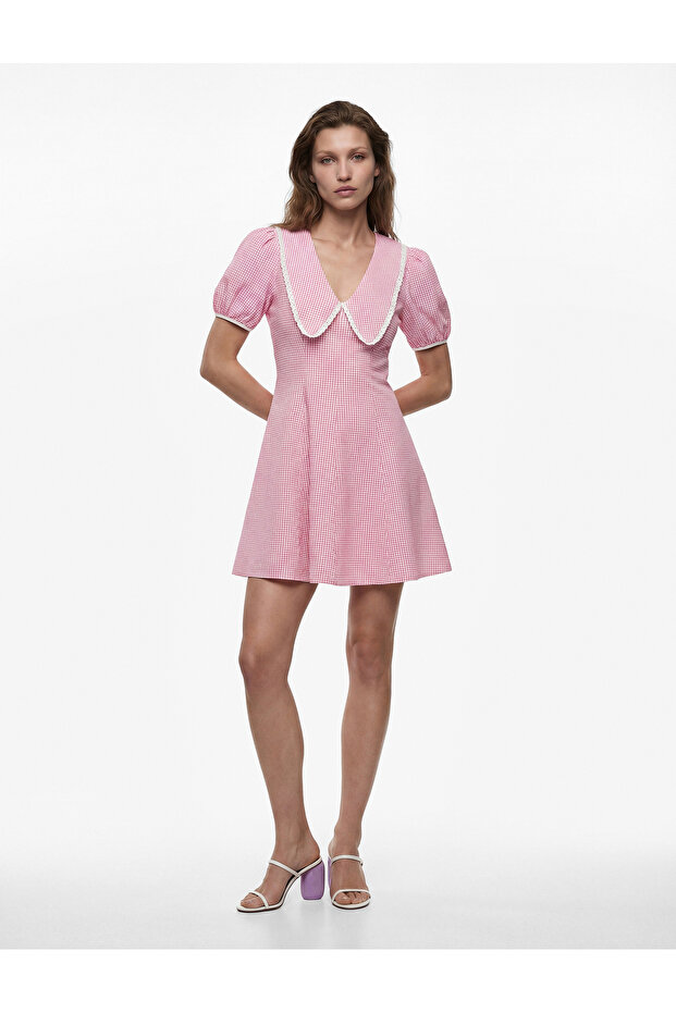 Short Balloon Sleeves, Lace Detail, Wide Baby Collar, Gingham Mini Flared Dress