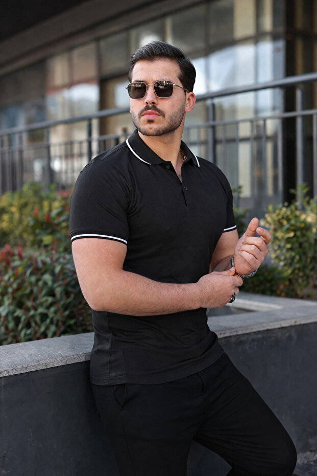 Men's Casual Striped Cotton Black Polo Neck T-Shirt