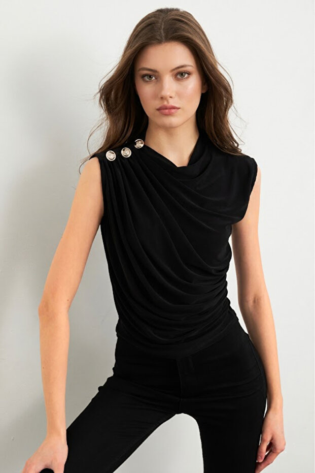 Women's Black Button Detailed Gathered Blouse App1205-1