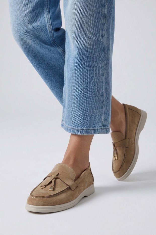 Lucy Nude Suede Tassel Detail Oval Toe Women's Loafer Shoes