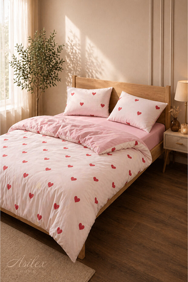 Double Heart Patterned Duvet Cover Set Fitted Sheet Piece Soft-Textured Breathable Duvet Cover Set