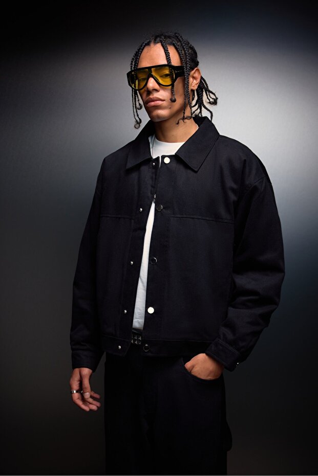 Men's Black Boxy Fit Gabardine Jacket