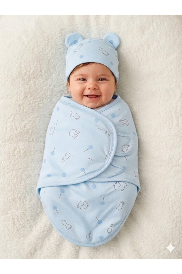 100% Cotton Swaddle Blanket with Hat, for 0-3 Months Baby, Velcro Fastener, Soft Breathable Combed Cotton Fabric