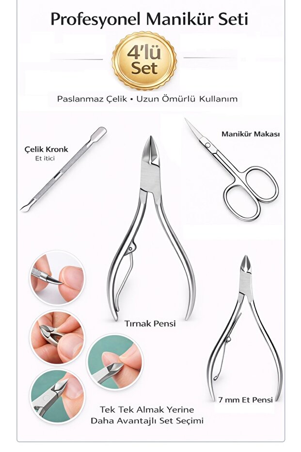 4-Piece Professional Manicure Set | Sharp Nail Nipper, Cuticle Nipper, Manicure Scissors & Cuticle Pusher