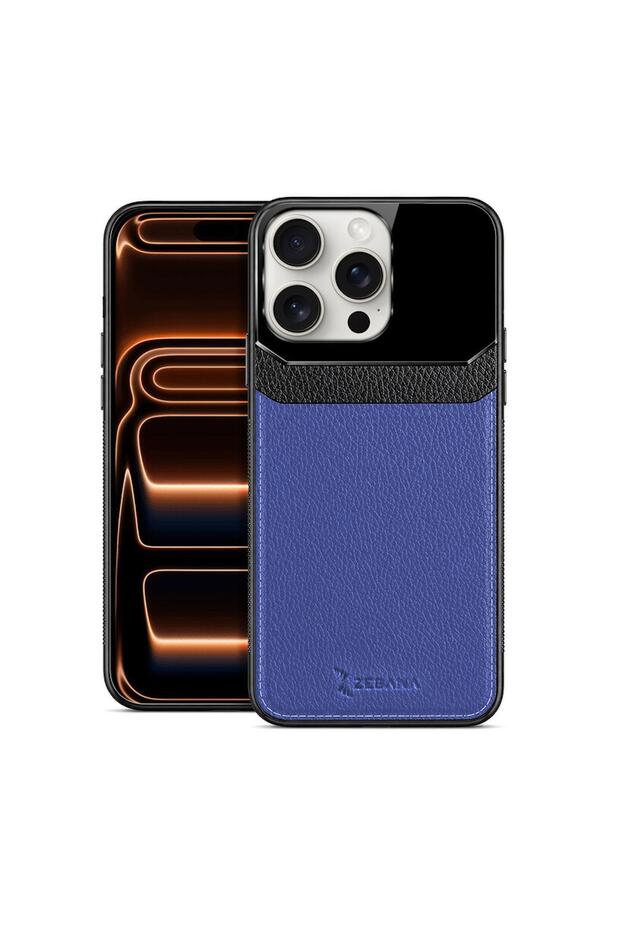 Apple iPhone 15 Pro Max Compatible Case Lens Leather Case Navy Blue