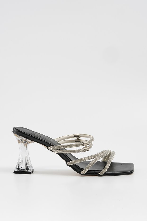 Women's Black Nova Three-Striped Stone Detailed Transparent Heeled Evening Dress Shoes Sandals - Slippers 8.5cm