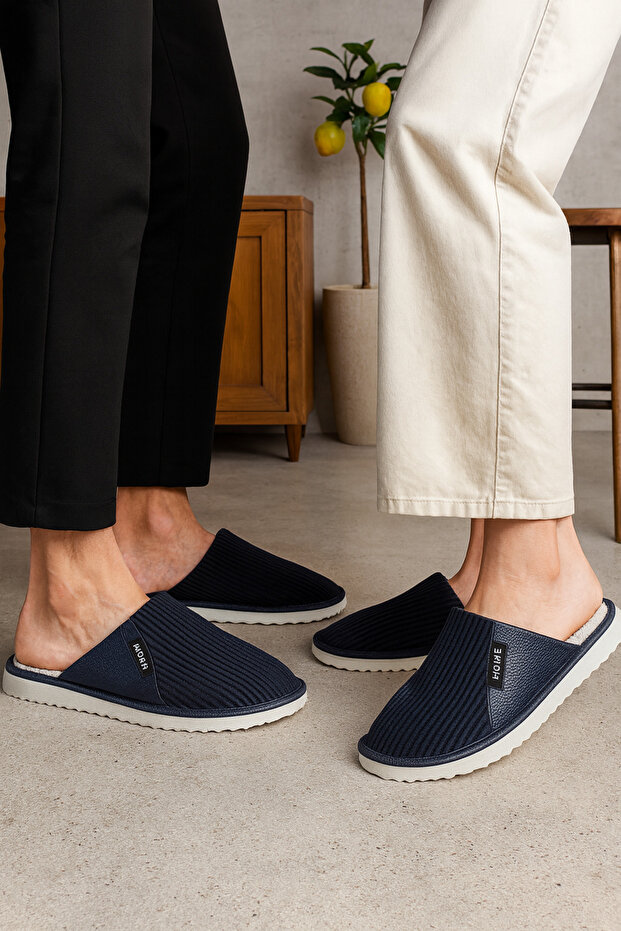 Unisex Navy Blue Velvet Leather Detailed House Slippers Byndhome02