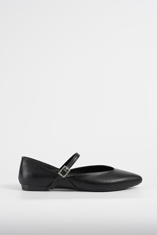 Women's Black Leather Buckle Single Strap Ballerina Shoes Byndglr01