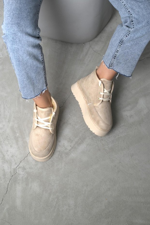Women's Beige Fur Lined Lace-Up High Sole Suede Boots 4.5 cm Byndmb02