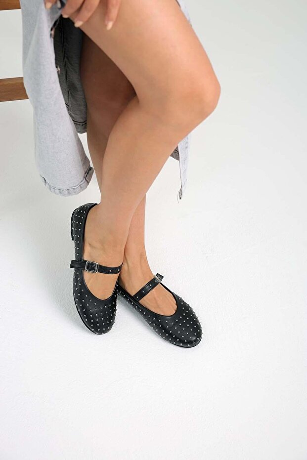 Women's Black Mejita Needle Trock Single Strap Leather Ballerinas Byndmjit01