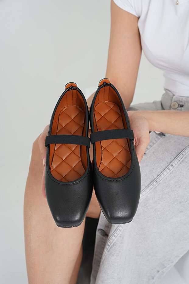 Women's Black - Tan Elastic Leather Daily Ballerina Flats Byndkgz02
