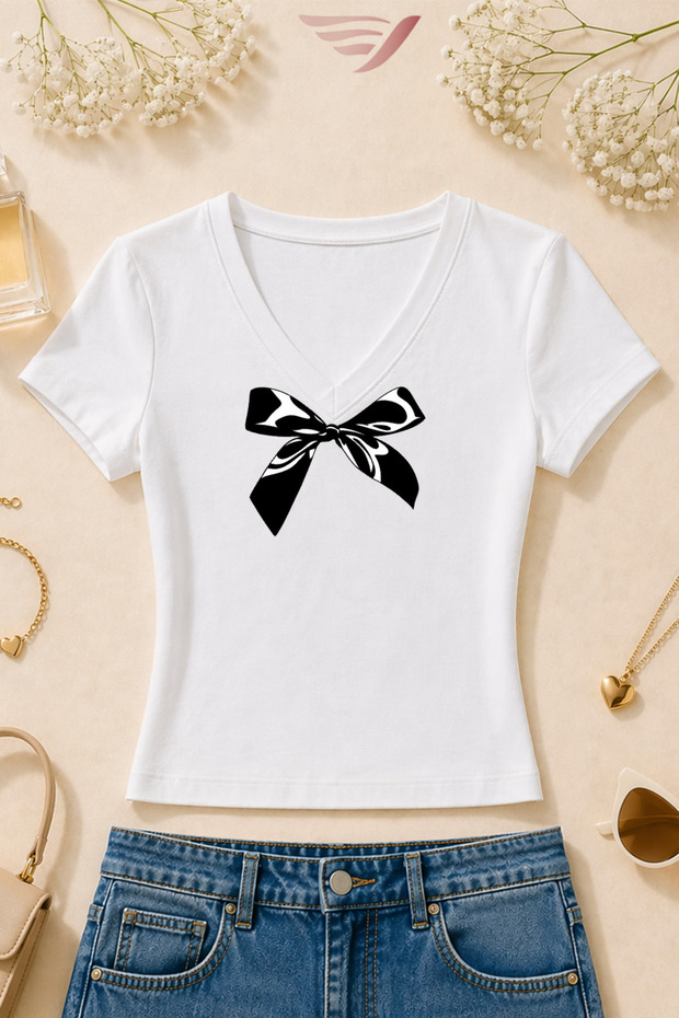 Women's Black Bow Printed Basic Daily Use V-Neck Slim Fit T-Shirt