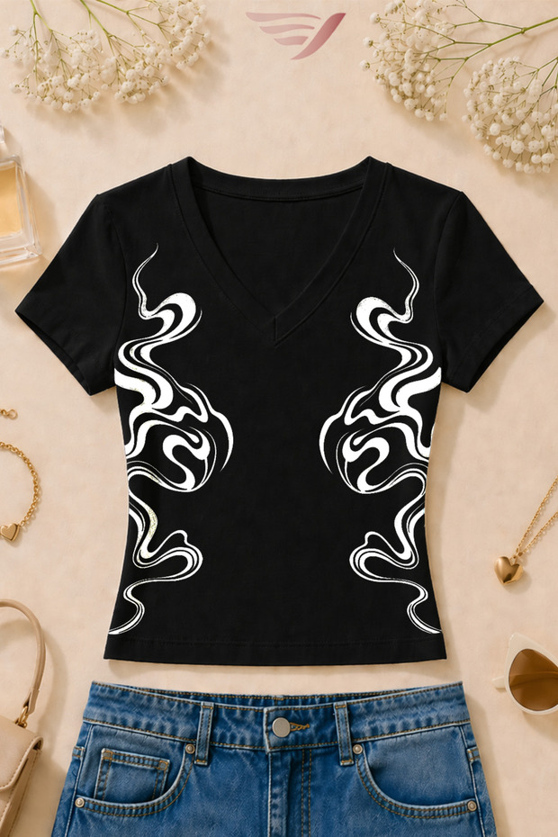 Women's Line Pattern Printed Basic Daily Use V-Neck Slim Fit T-Shirt