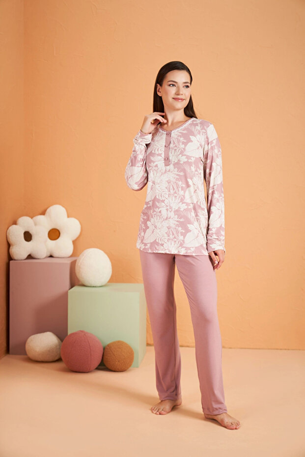 PJS 28016 طقم بيجامة نسائي بأكمام طويلة ونمط نصف مفتوح