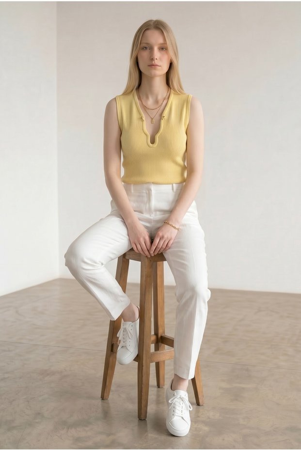 Women's Yellow Collar Accessory Detailed Ribbed Knitwear Blouse