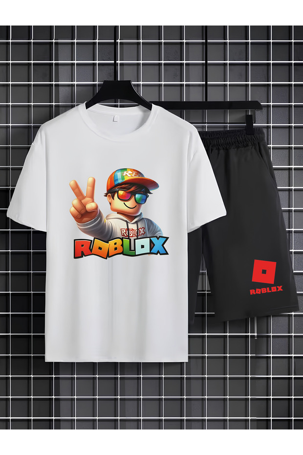 Roblox Printed 100% Cotton Crewneck Children's T-Shirt-Shorts Two-Piece Set