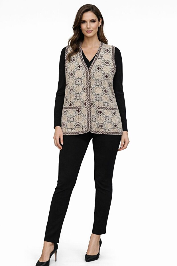Ethnic Style Kilim Pattern Vest with Mother-Of-Pearl Button Pockets