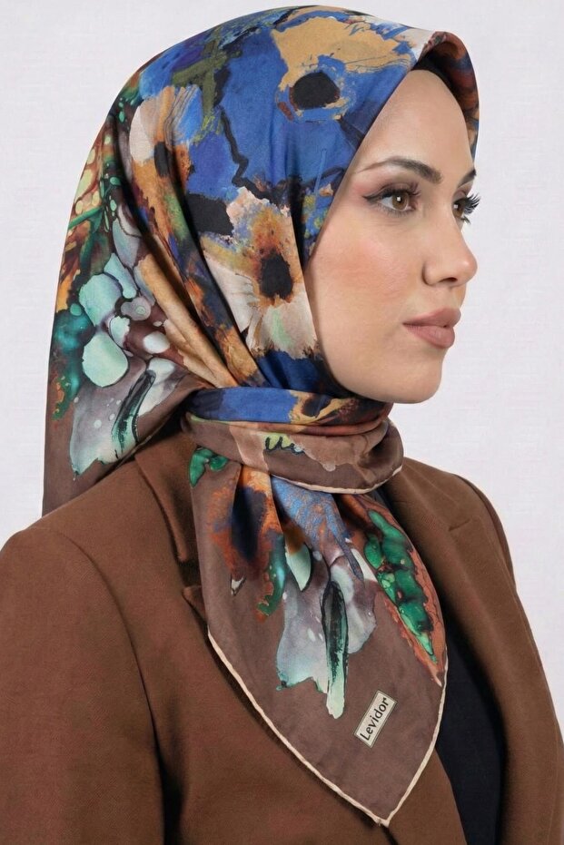 Women's Brown Blue Abstract Patterned Crystal Scarf