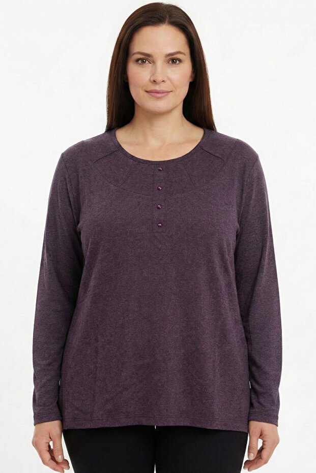 Women's Purple Collar Detailed Buttoned Combed Cotton Blouse