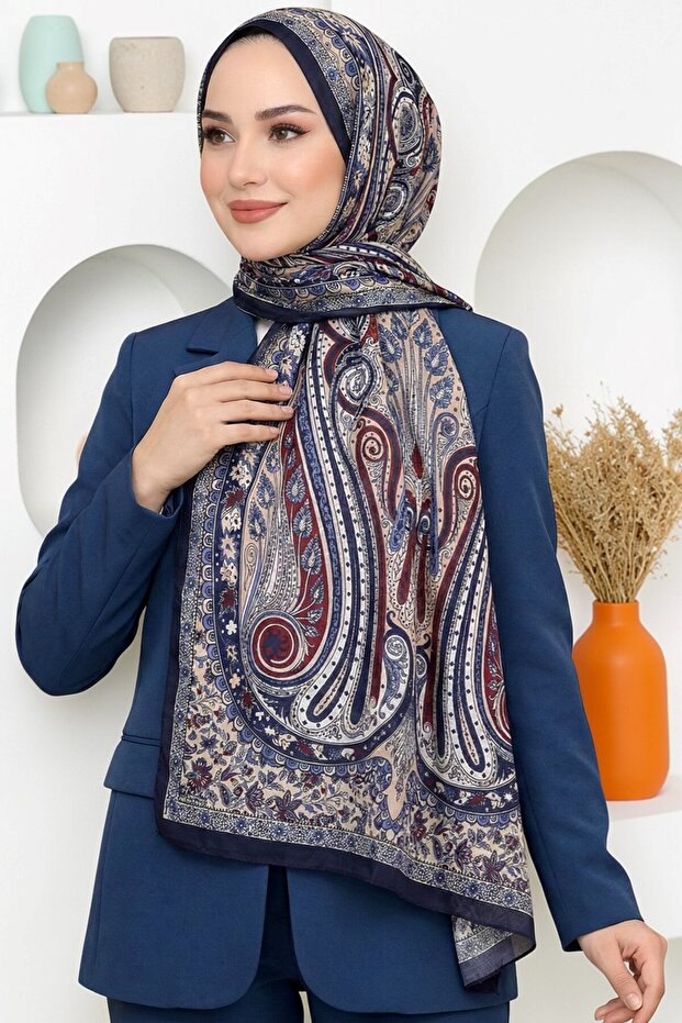 Women's Navy Blue Red Shawl Patterned Organic Cotton Soft Shawl