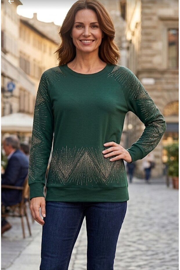 Güncüoğlu Stone Embroidered Sleeves and Ribbed Bottom Sports Combed Cotton Blouse