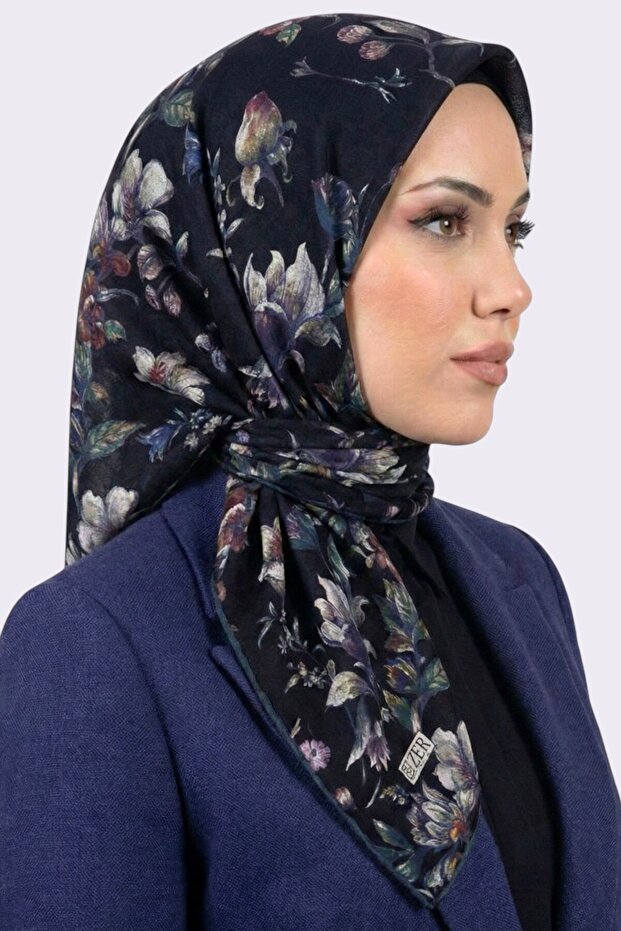 Women's Black Floral Patterned Organic Cotton Soft Scarf