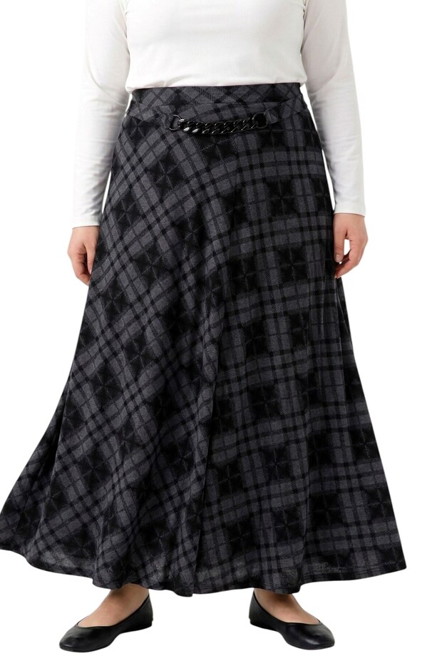 Women's Anthracite Plaid Patterned Combed Cotton Skirt with Chain Detail