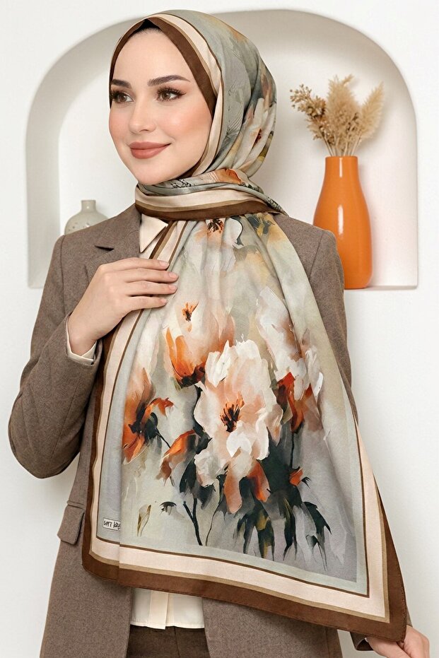 Women's Brown Gray Floral Patterned Soft Shawl