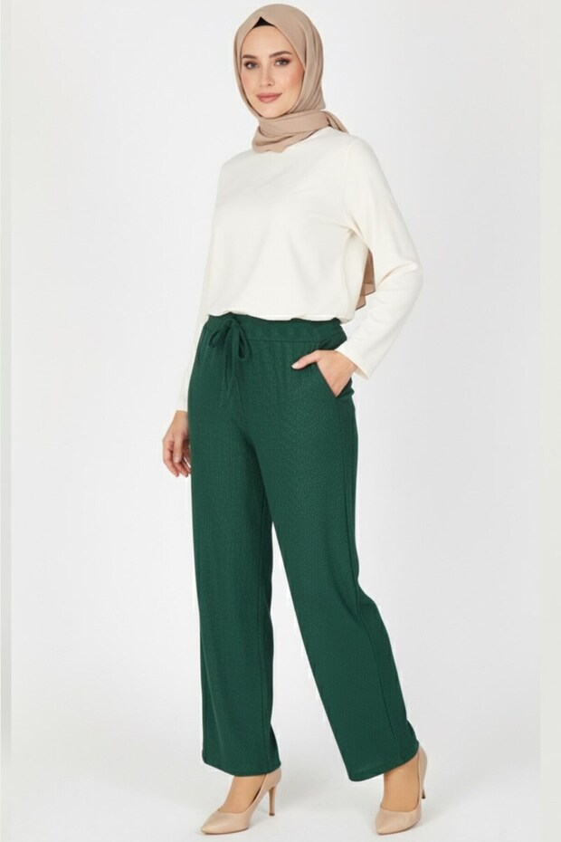 Women's Green Elastic Waist Lace-Up Atlas Wide Leg Pants