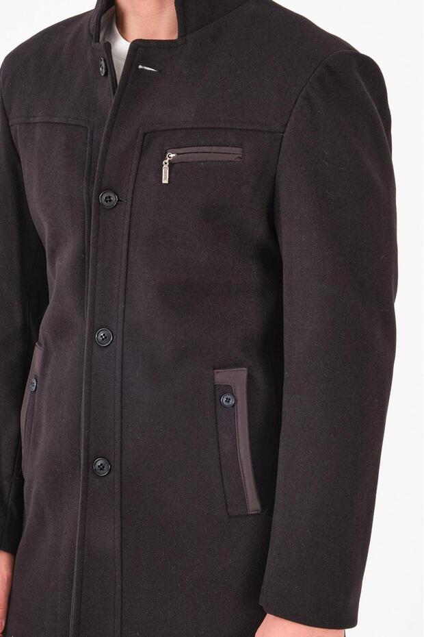 Ezel Stand Collar Pocket Buttoned Slim Fit Men's Cashmere Coat 36-28