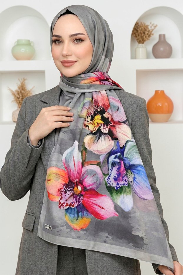 Women's Gray Orchid Patterned Soft Shawl