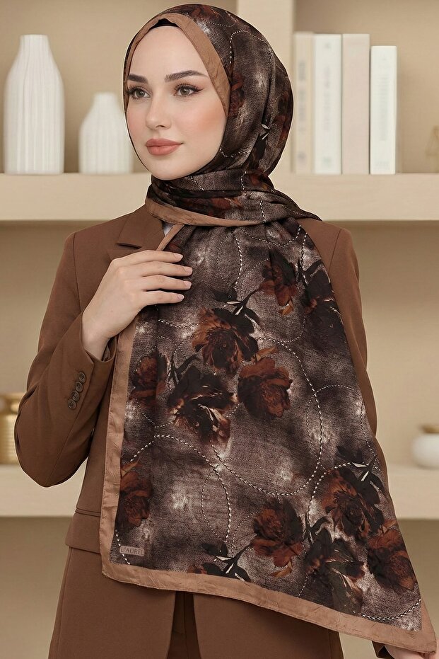 Women's Brown Floral Patterned Bamboo Crush Shawl