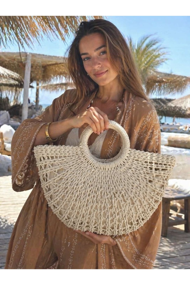 Beige Hand-Knitted Straw Women's Bag – 40X25 cm