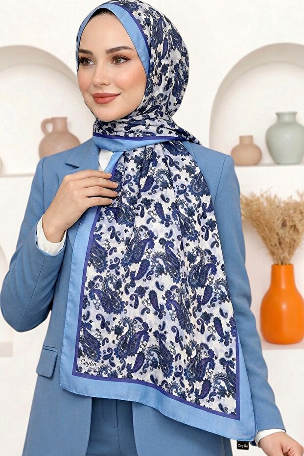 Women's Blue Shawl Patterned Organic Cotton Soft Shawl