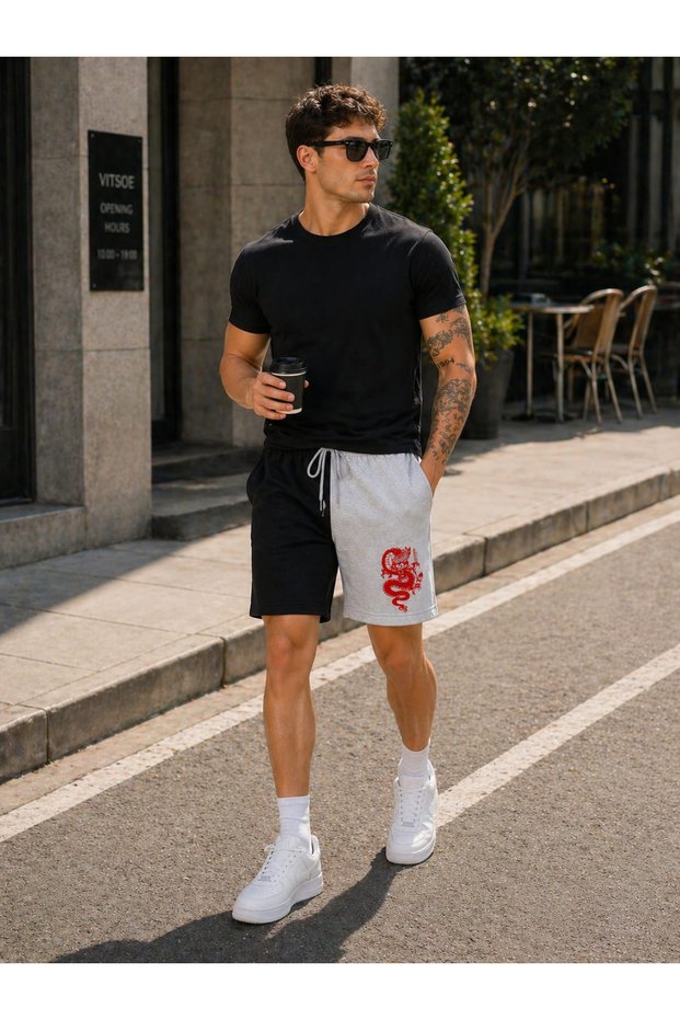 Men's Black Gray Contrast Shorts Red Dragon Printed Comfortable Fit Sports Shorts