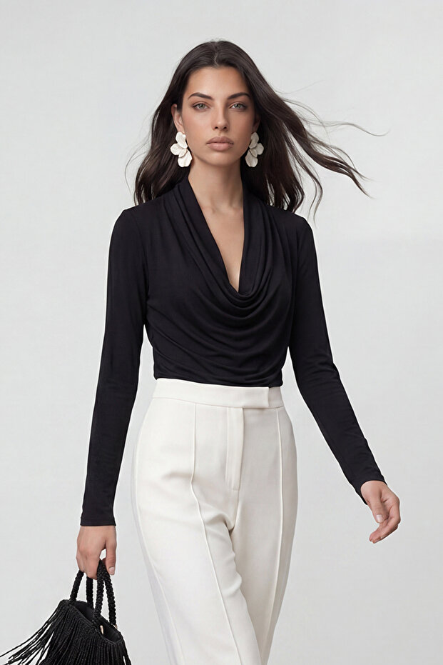 Women's U-Neck Gathered Brown Sandy Blouse