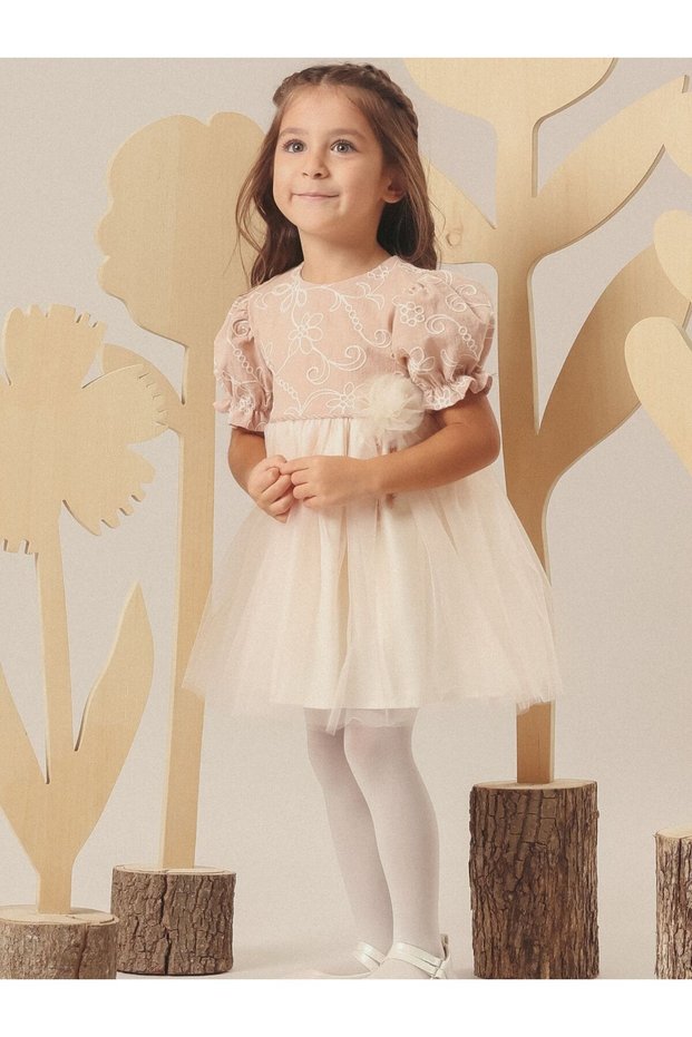 Birthday Baby Girl Dress with Floral Accessories at the Waist, Flounce Sleeves and Tulle Skirt