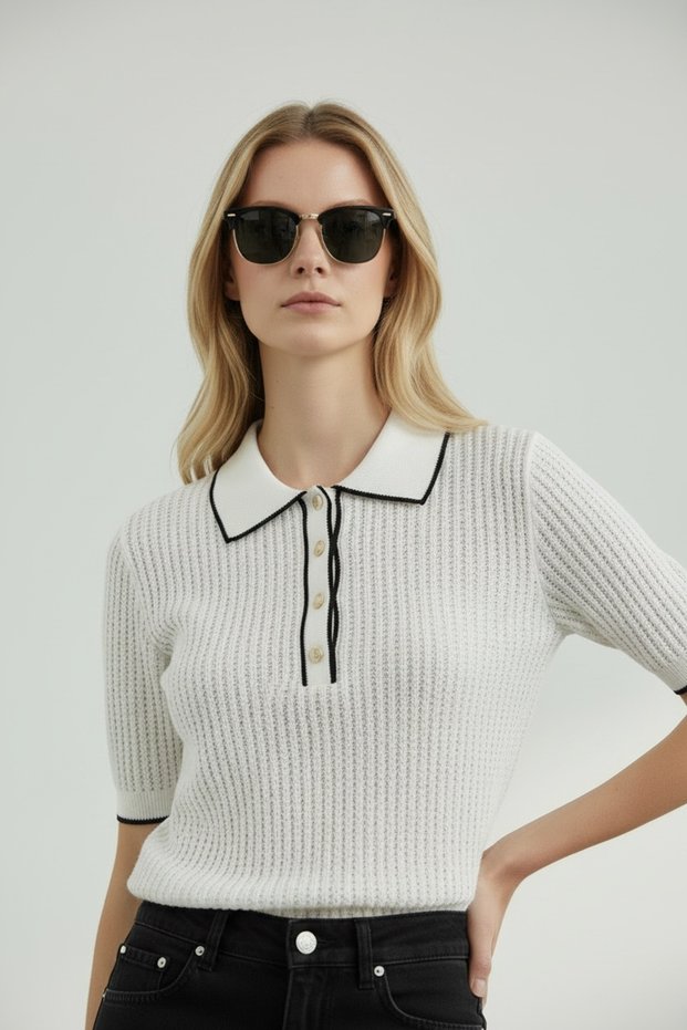 Women's Polo Neck Openwork/Perforated Knitwear Blouse