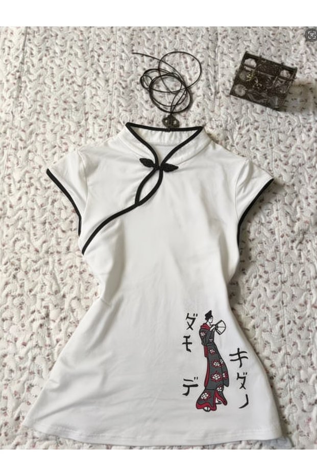 Mandarin Collar Kyoto Motif Vintage Qipao Short Sleeve Crop