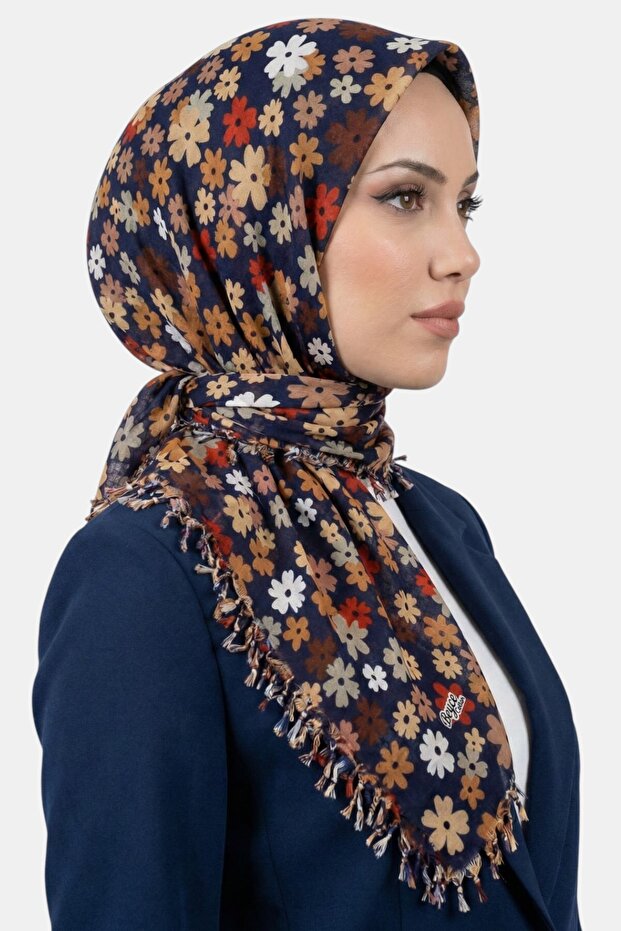 Women's Navy Blue Floral Patterned Beaded Writing