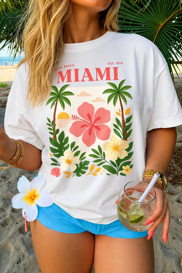 Women's Miami Printed Oversize Comfortable Daily Use Combed Cotton T-Shirt