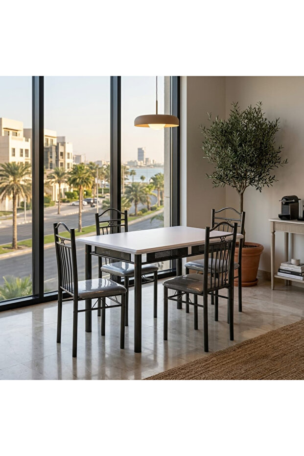 طاولة طعام حديثة مع 4 كراسي - طاولة مطبخ مع 4 كراسي بإطار معدني 120x75 سم