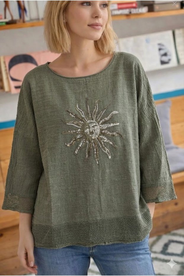 Women's Khaki Sun Sequin Embroidered Oversize Loose 100% Cotton Linen Blouse with Mesh Detail on Hem/Sleeves