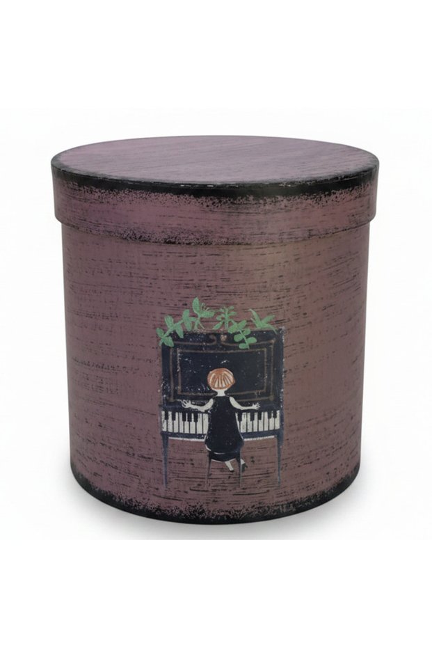 Elegant Round Dusty Mauve Cardboard Gift Box with Piano Girl Artwork Lid for Jewelry,17×17 cm