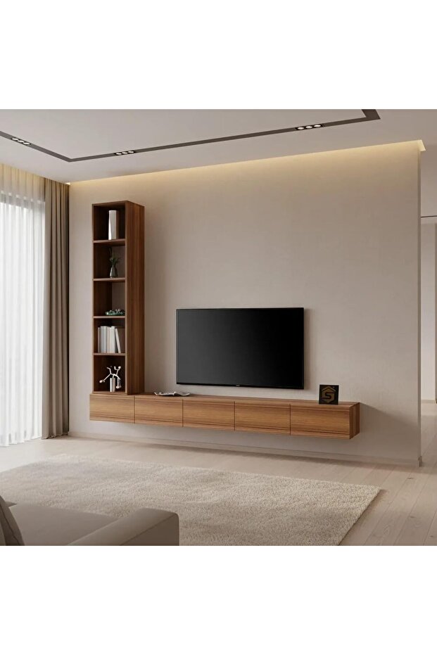 Brown Floating Tv Stand with Lighted Side Shelves