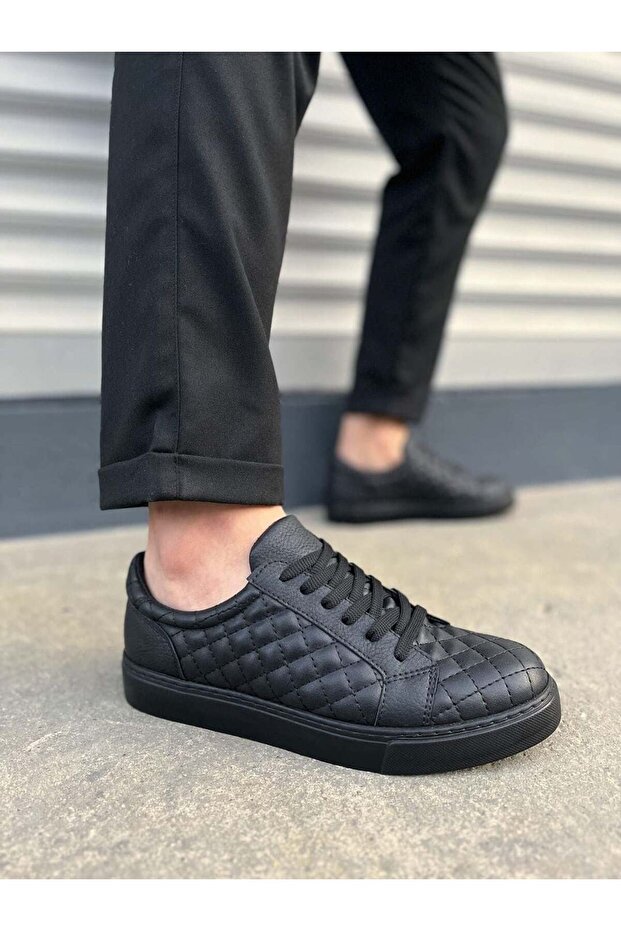 Jy166 Prestige Lace-Up Skin Quilted Patterned Men's Casual Sneaker Shoes Cst - Black