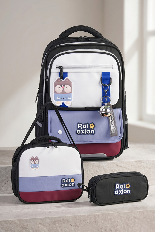 Relaxion 1816 Boys' Orthopedic Primary School Bag Set 3-Piece Black - with Accessories, Lunch Bag and Pen Holder