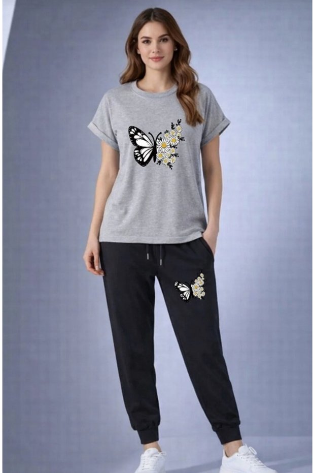 T-Shirt Sweat Suit 2-Piece Combination Sweat-Absorbing Daisy Butterfly Printed Women's / Girls' Model